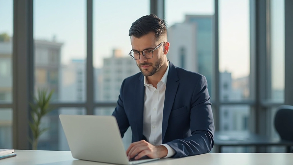 Успешный предприниматель работает за ноутбуком в современном офисе с видом на город