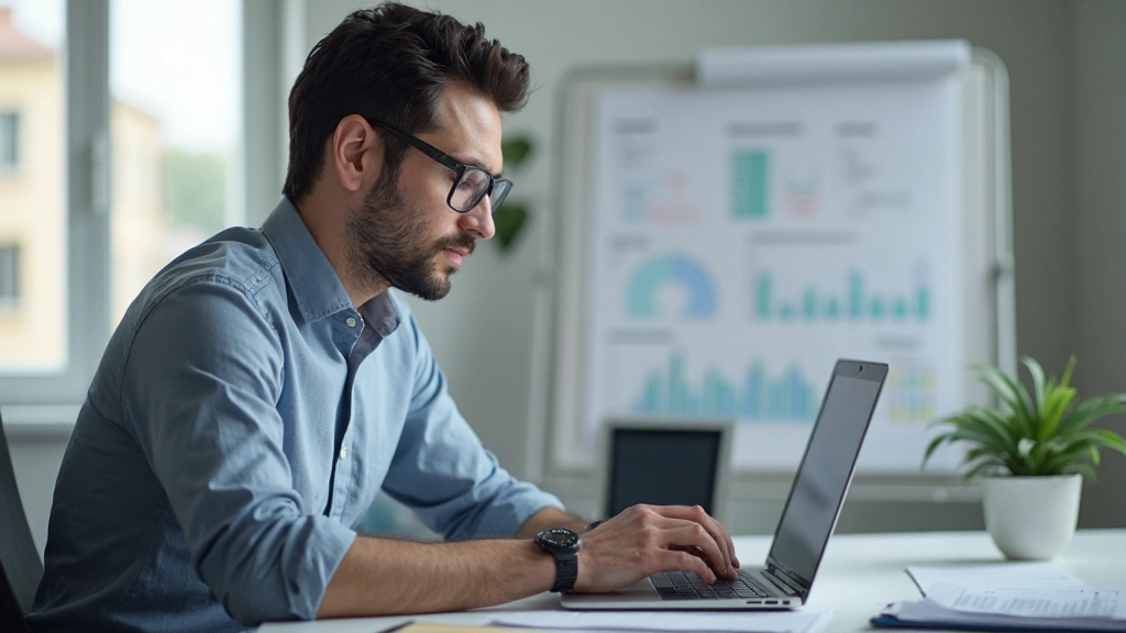 Профессиональное фото менеджера, анализирующего метрики производительности на экране ноутбука в современном офисе