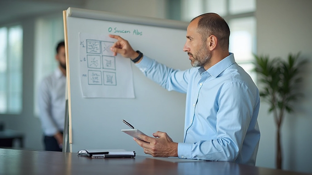 Менеджер анализирует матрицу приоритетов на доске во время планерки с командой