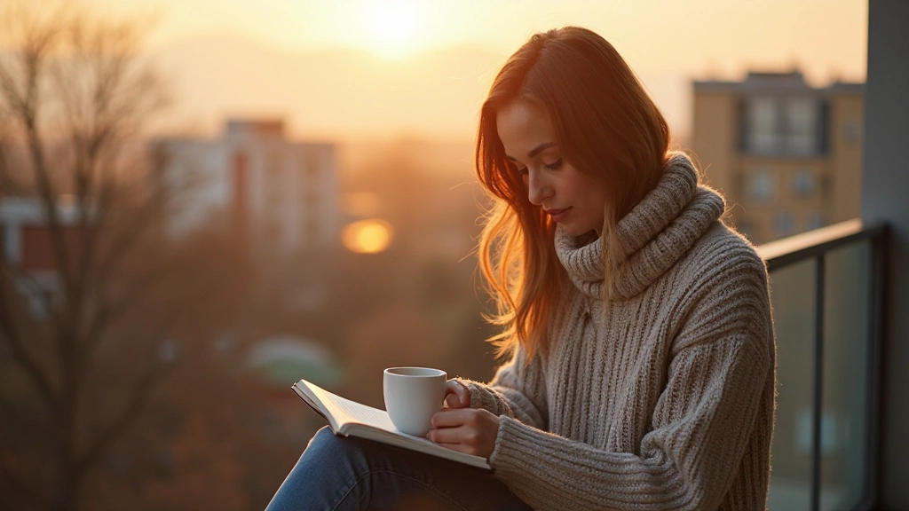 Предприниматель сидит на балконе на рассвете с кофе и планирует день